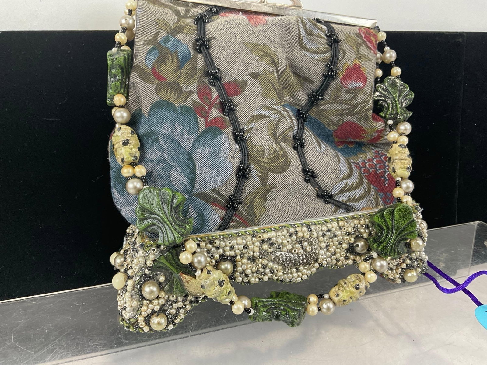 Vintage Mary Frances Purse, Tapestry style Evening Bag w/Bead & Faux? Pearl Details - 2