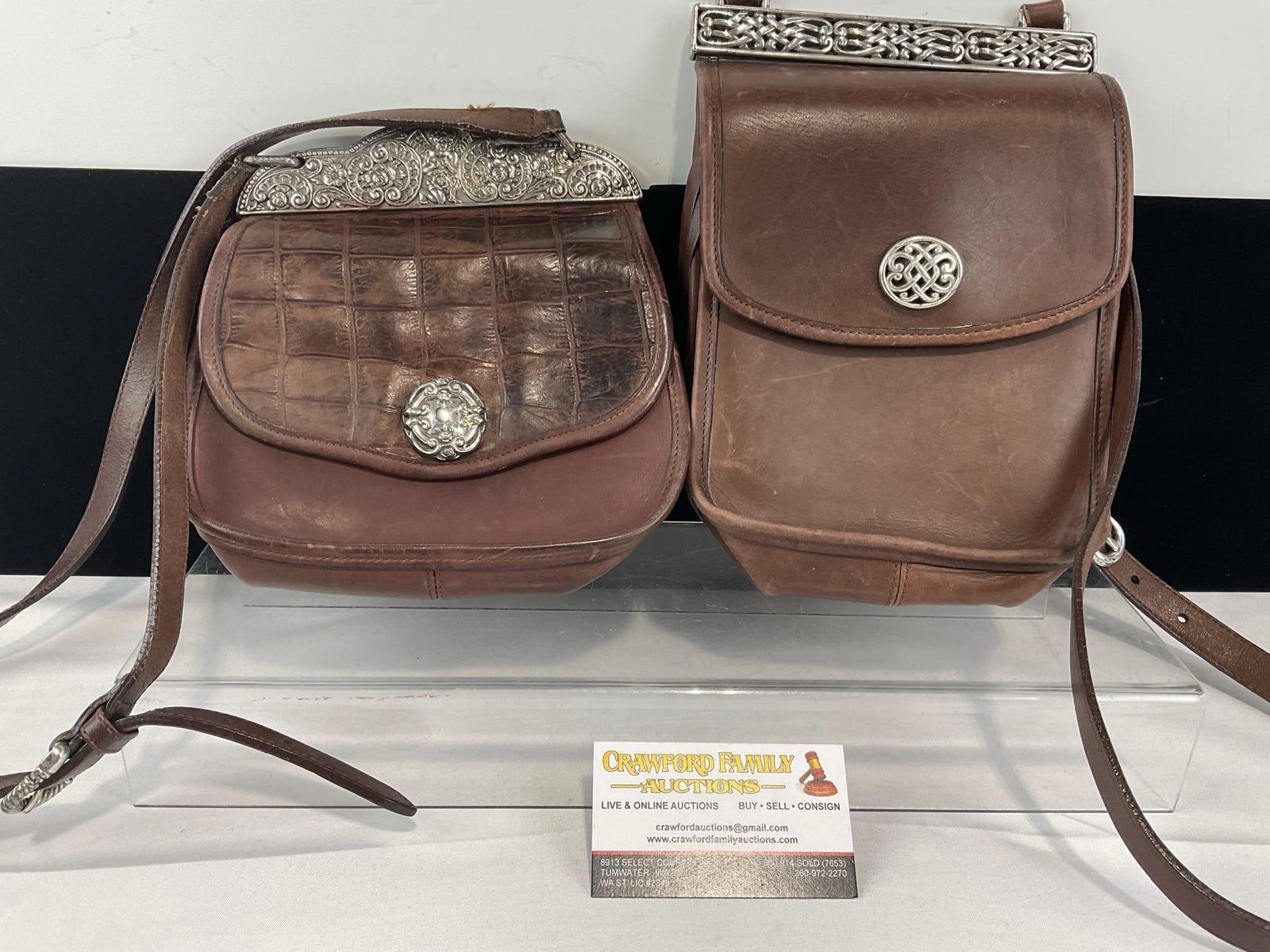 Pair of Brighton Leather Purses, some wear, w/Repousse Silver Tone Clasps & Hinges: Appears to be in fair to good shape, some scratches and wear from use. The piece measures approx 11h x 9w x 5d inches. See pics. E-6630