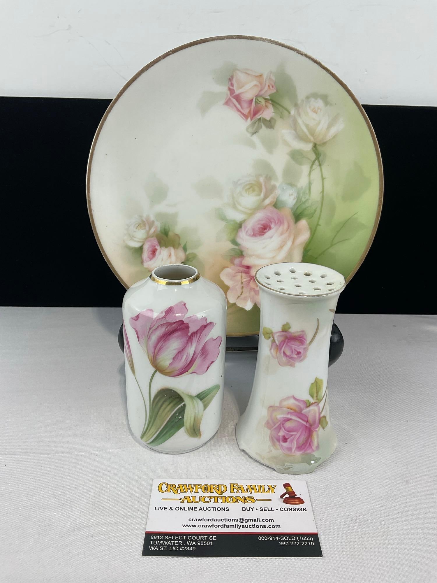 3 Early 20th Century RS Germany China Pieces, Plate, Bud Vase & Hatpin Holder, Rose Floral Pattern: Appears to be in good shape, some lost gilt around the plates edge. The piece measures approx 4h x 9w x 9d inches. See pics. E-6610