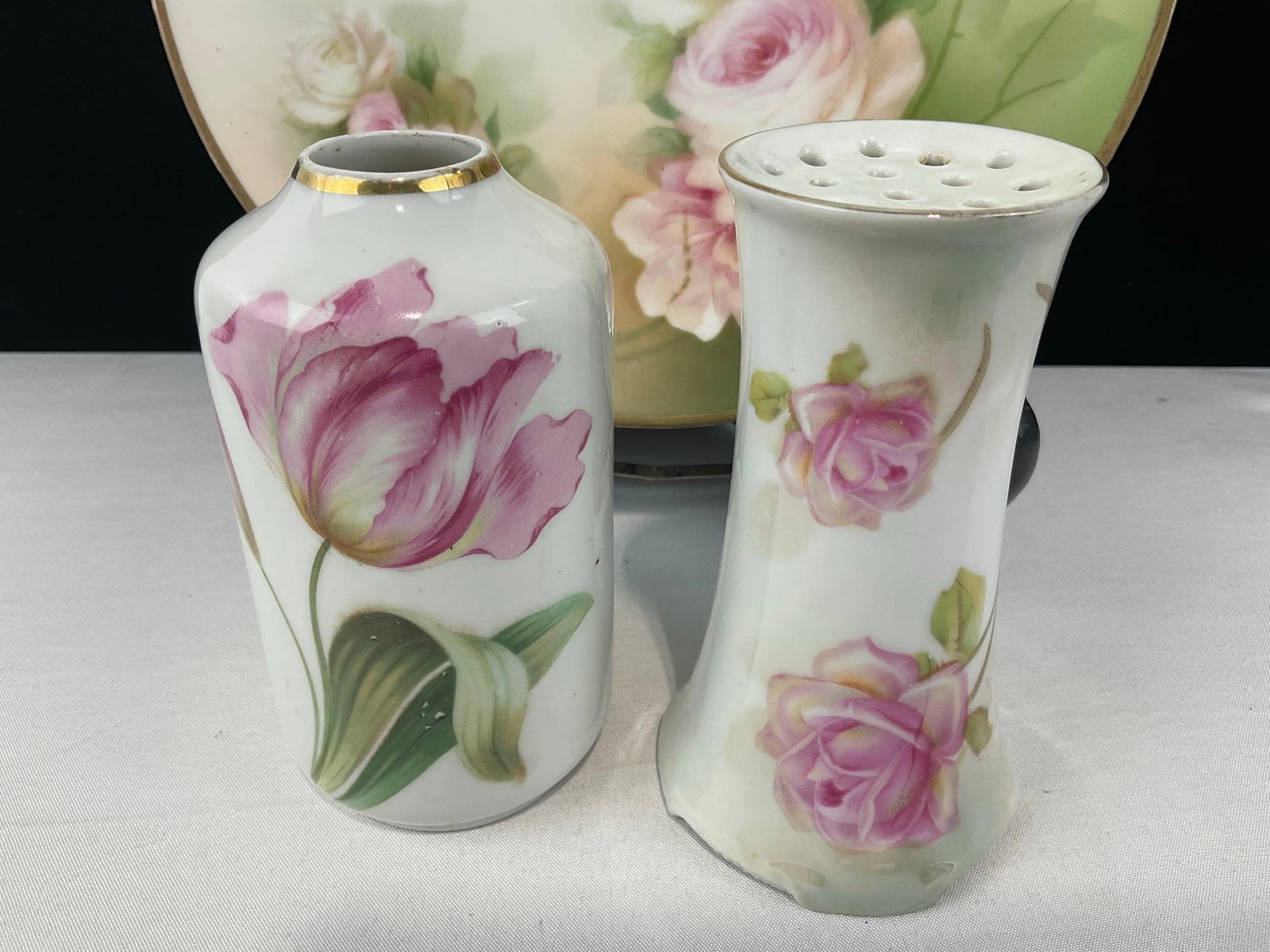 3 Early 20th Century RS Germany China Pieces, Plate, Bud Vase & Hatpin Holder, Rose Floral Pattern - 2