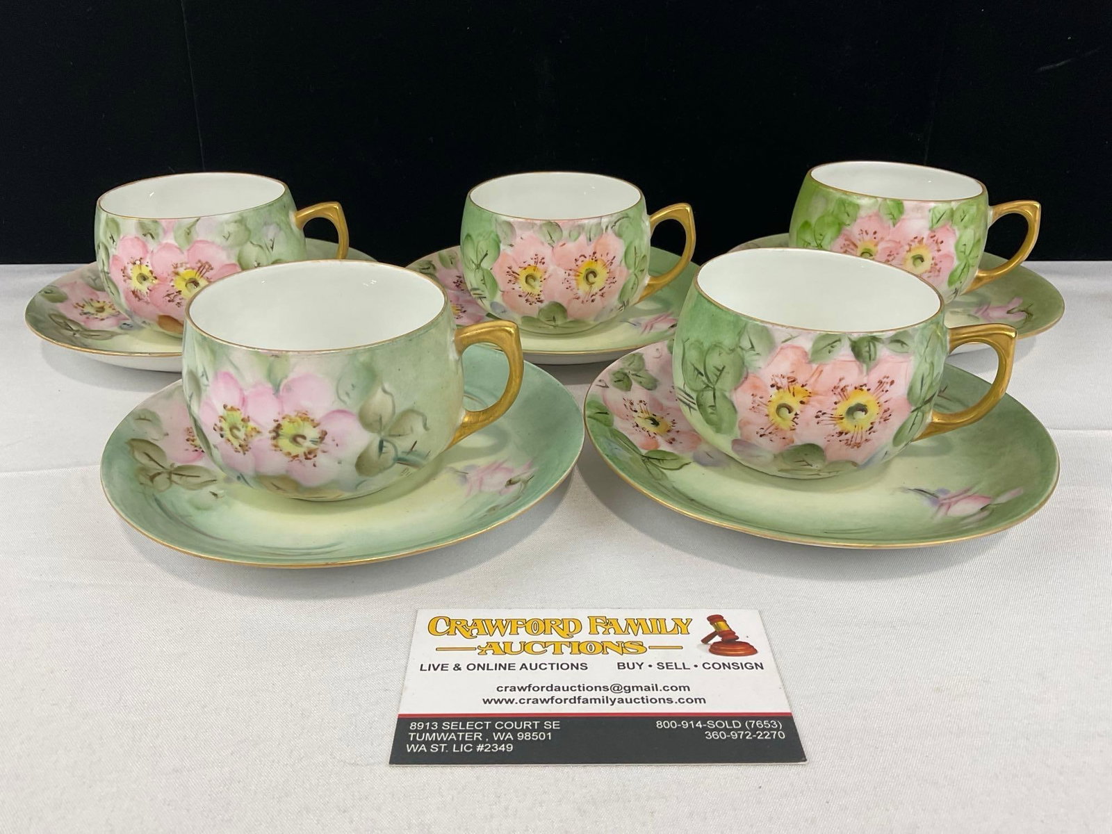 Vintage D&B Germany China, Set of 5 Cups & 5 Saucers, matching patterns: Appears to be in good shape. The piece measures approx 7h x 13w x 13d inches. See pics. E-6610