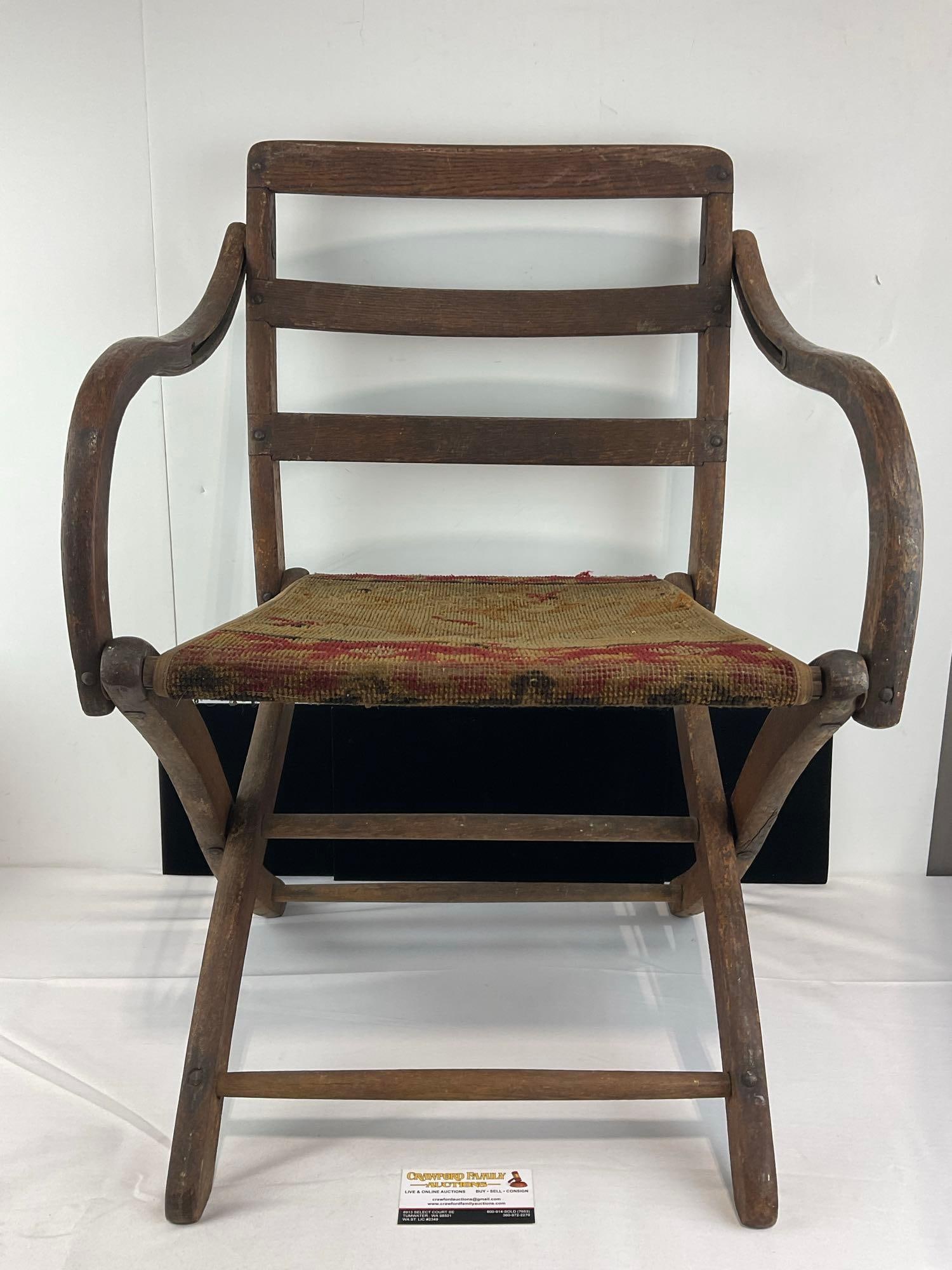 Antique Oak Folding Campaign Chair, Red & Yellow Carpet style seat (1 of 8)