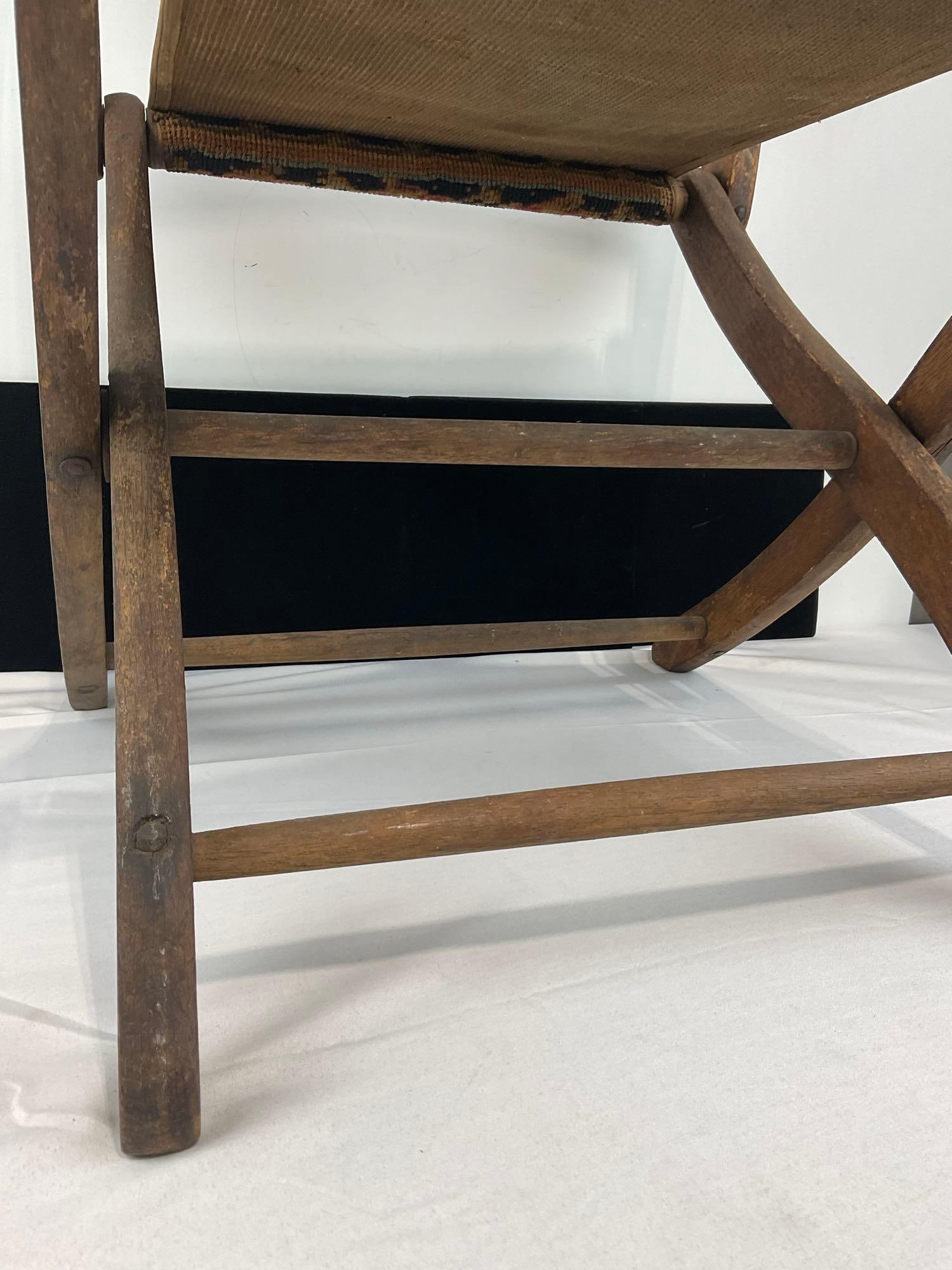 Antique Oak Folding Campaign Chair, Red & Yellow Carpet style seat - 2