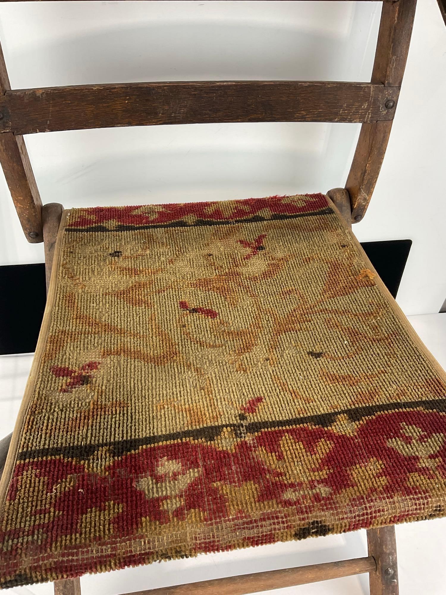 Antique Oak Folding Campaign Chair, Red & Yellow Carpet style seat - 3