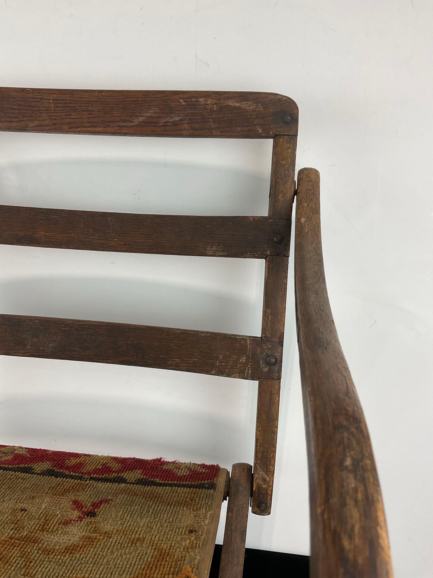 Antique Oak Folding Campaign Chair, Red & Yellow Carpet style seat - 4