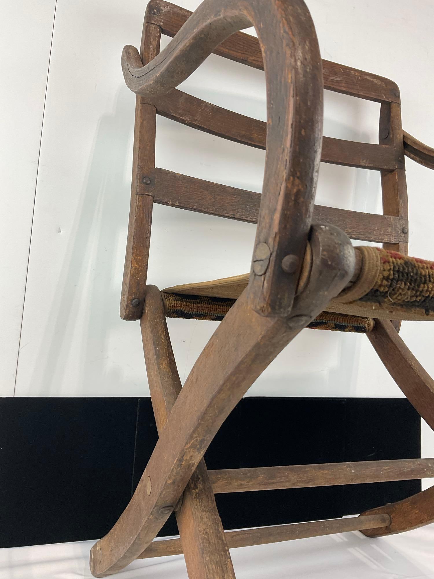 Antique Oak Folding Campaign Chair, Red & Yellow Carpet style seat - 5