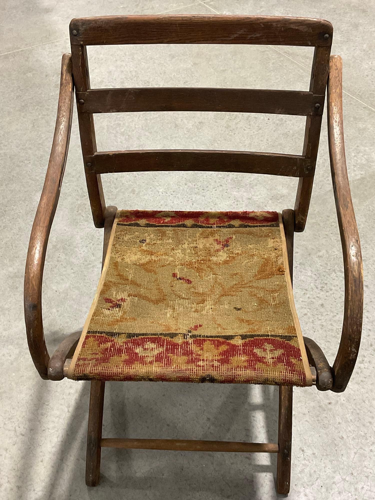 Antique Oak Folding Campaign Chair, Red & Yellow Carpet style seat - 6