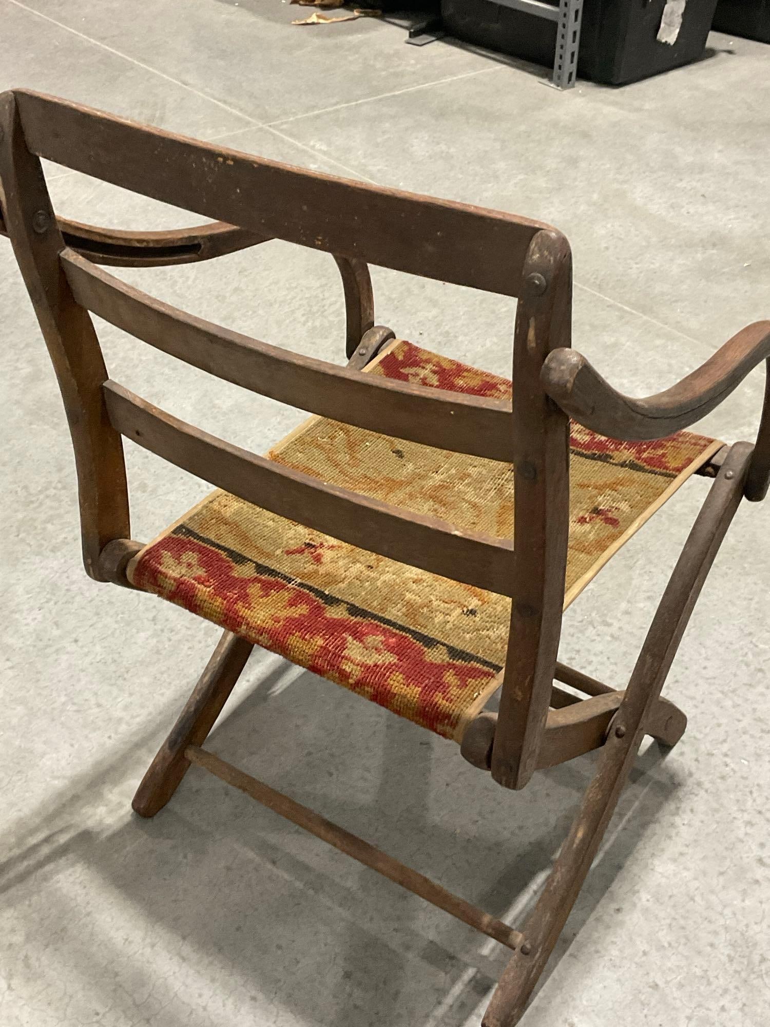 Antique Oak Folding Campaign Chair, Red & Yellow Carpet style seat - 7