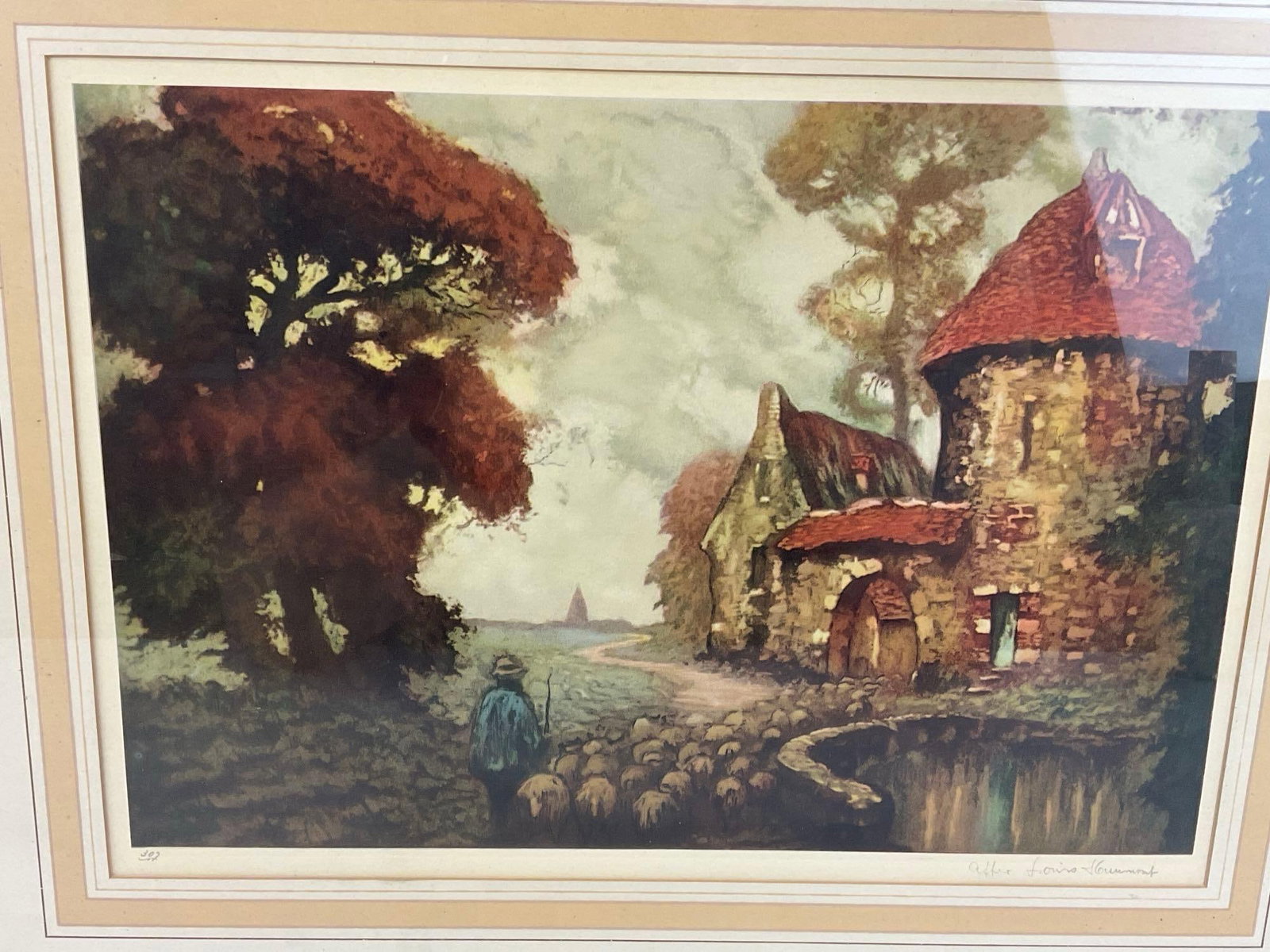 Framed Vintage European Etching Print, Retour du Berger by Louis Haumont, 17x22 inches - 2