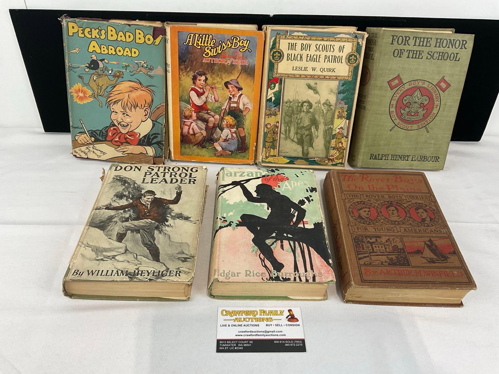 7 Antique Books, Early 20th Century, Boy Scouts, Tarzan, A Little Swiss Boy by Johanna Spyri & more: Includes: Don Strong Patrol Leader by William Heyliger, For the Honor of the School by Ralph Henry Barbour, The Rover Boys on the Plains by Arthur M. Winfield, Tarzan of the Apes by Edgar Rice Burroug