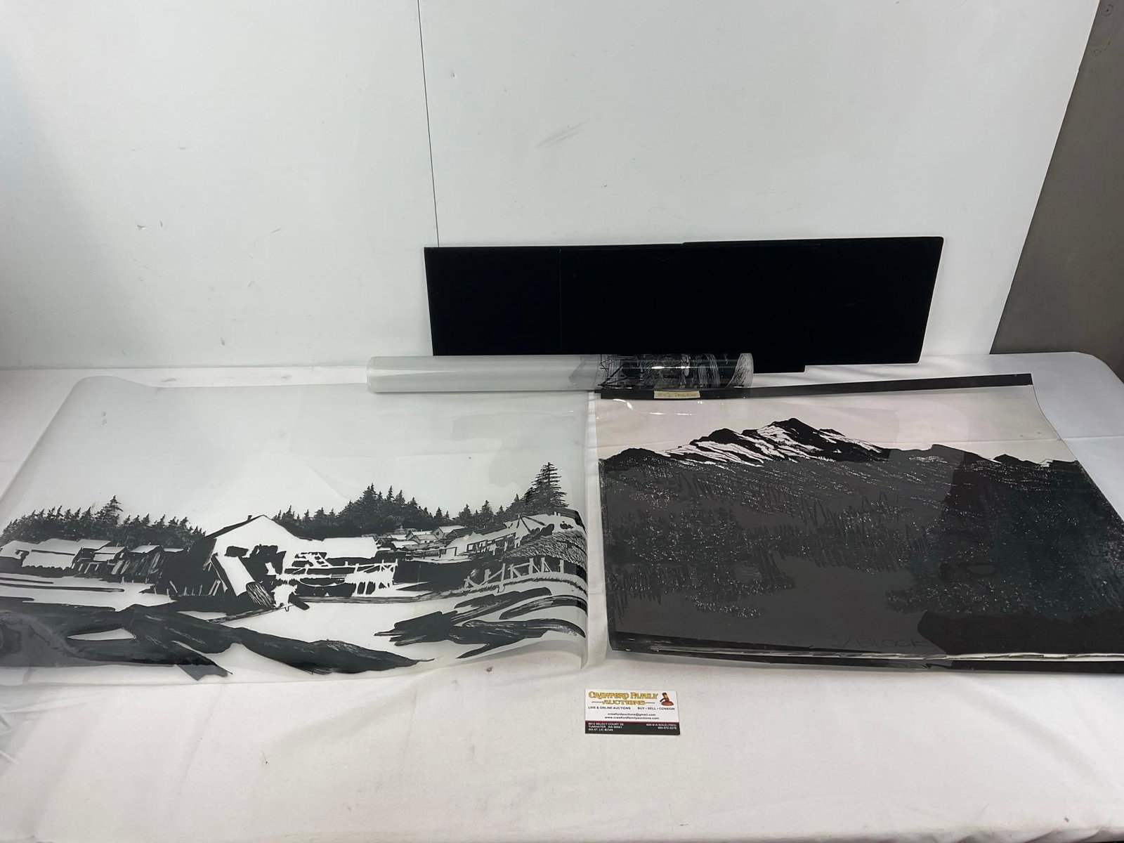 Set of 3 Mark Wheeler, Black on clear film, Positive Prints, 23h x 30w: Appears to be in good shape. The piece measures approx 23h x 3w x 3d inches. See pics. E-6610