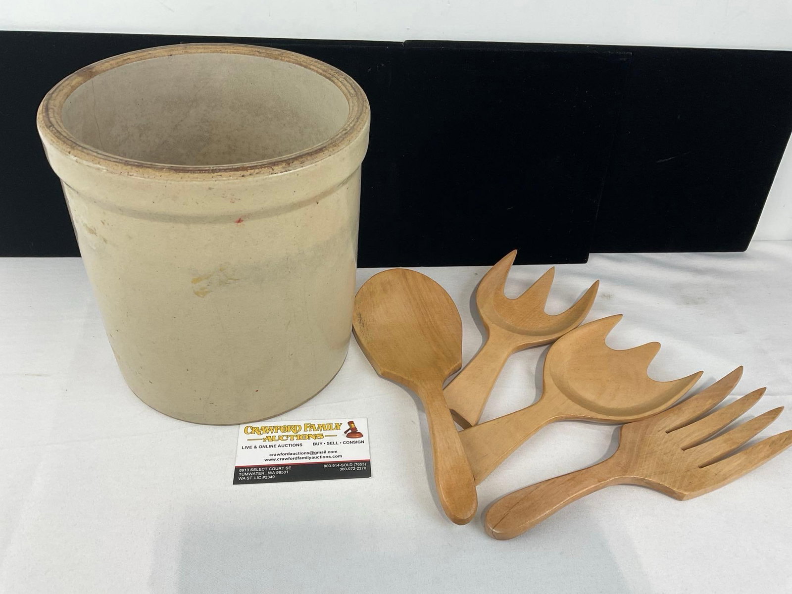 8 inch diameter Salt Glazed Crock, 10h x 9w x 9d inches, w/4 Wooden Utensils: Appears to be in fair to good shape. The piece measures approx 10h x 9w x 9d inches. See pics. E-6610