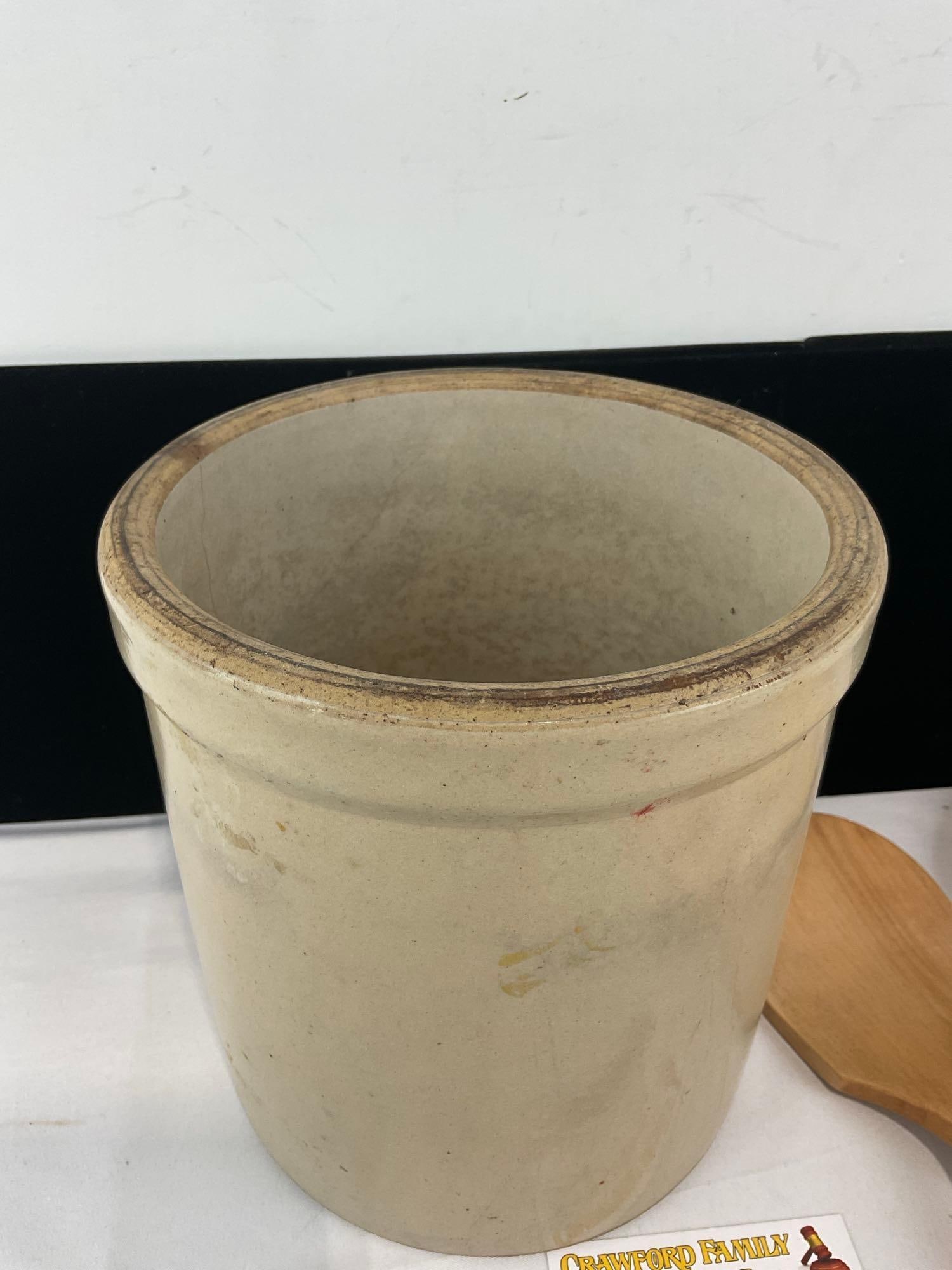 8 inch diameter Salt Glazed Crock, 10h x 9w x 9d inches, w/4 Wooden Utensils - 3