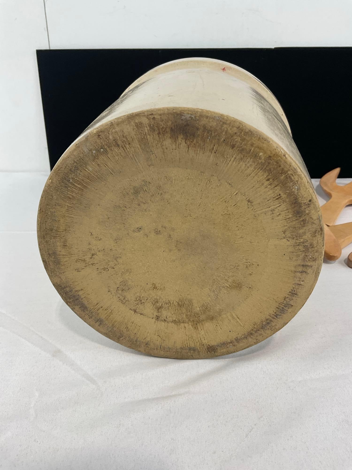 8 inch diameter Salt Glazed Crock, 10h x 9w x 9d inches, w/4 Wooden Utensils - 4