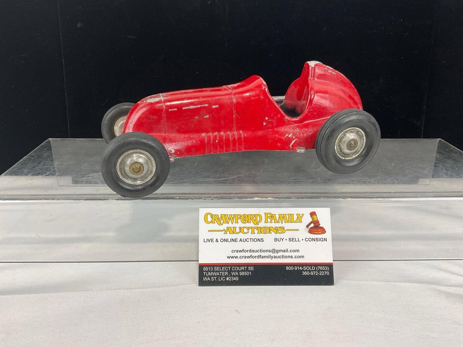 Early 20th Century Thimble Drome Special LM COX MFG CO Diecast Tether Car Toy, Red: Appears to be in fair to good shape, some lost finish & imperfections, and a broken front edge. The piece measures approx 4h x 9w x 5d inches. See pics. E-6610