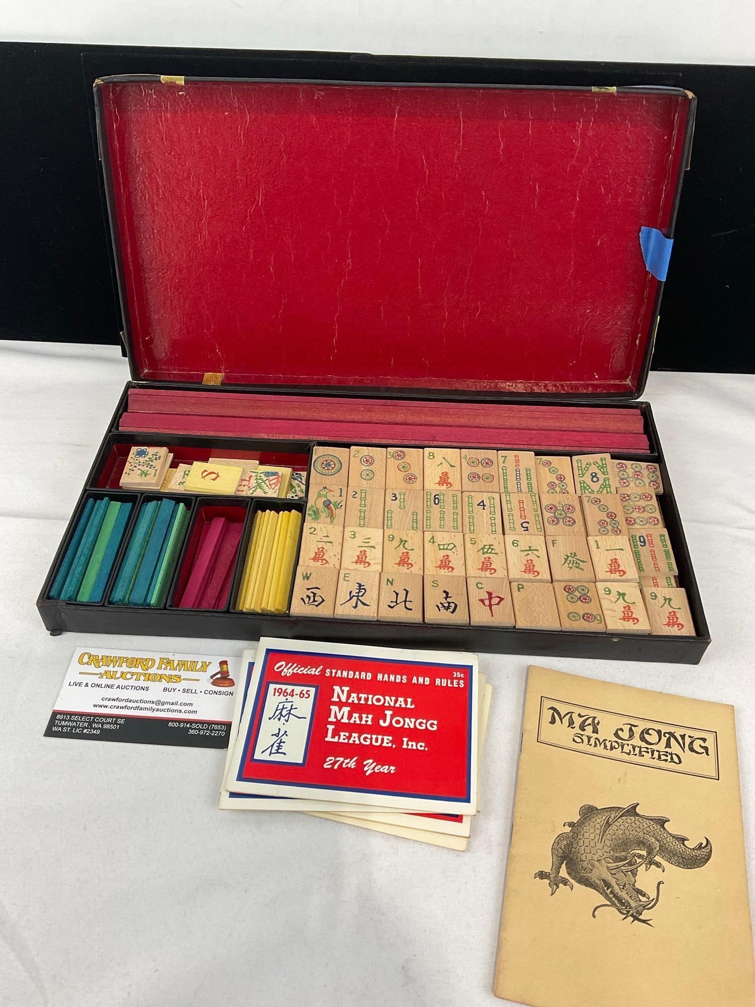 Mahjong Set, Bamboo Tiles, looks to be complete, w/trays & more, 148 tiles: The cardboard case shows signs of wear & age. The set seems to be complete. See pics for condition. Measures approx 2h x 15w x 8d inches. E-6610