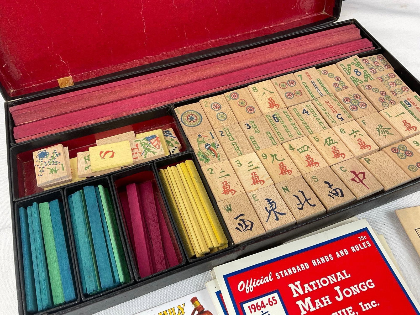 Mahjong Set, Bamboo Tiles, looks to be complete, w/trays & more, 148 tiles - 2