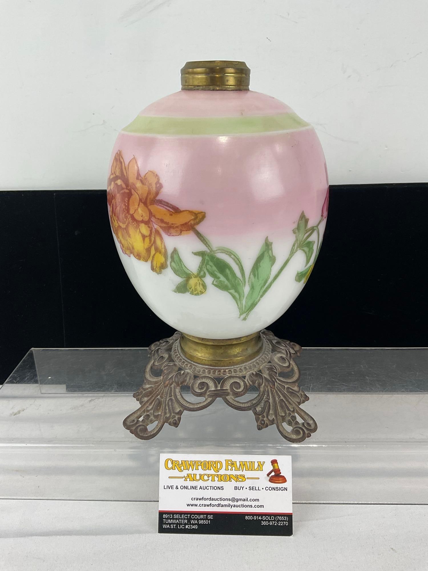 Antique Handpainted Milk Glass Parlor Lamp Base, Cast Metal Base marked Phoenix #880, 11x7x7 in (1 of 3)