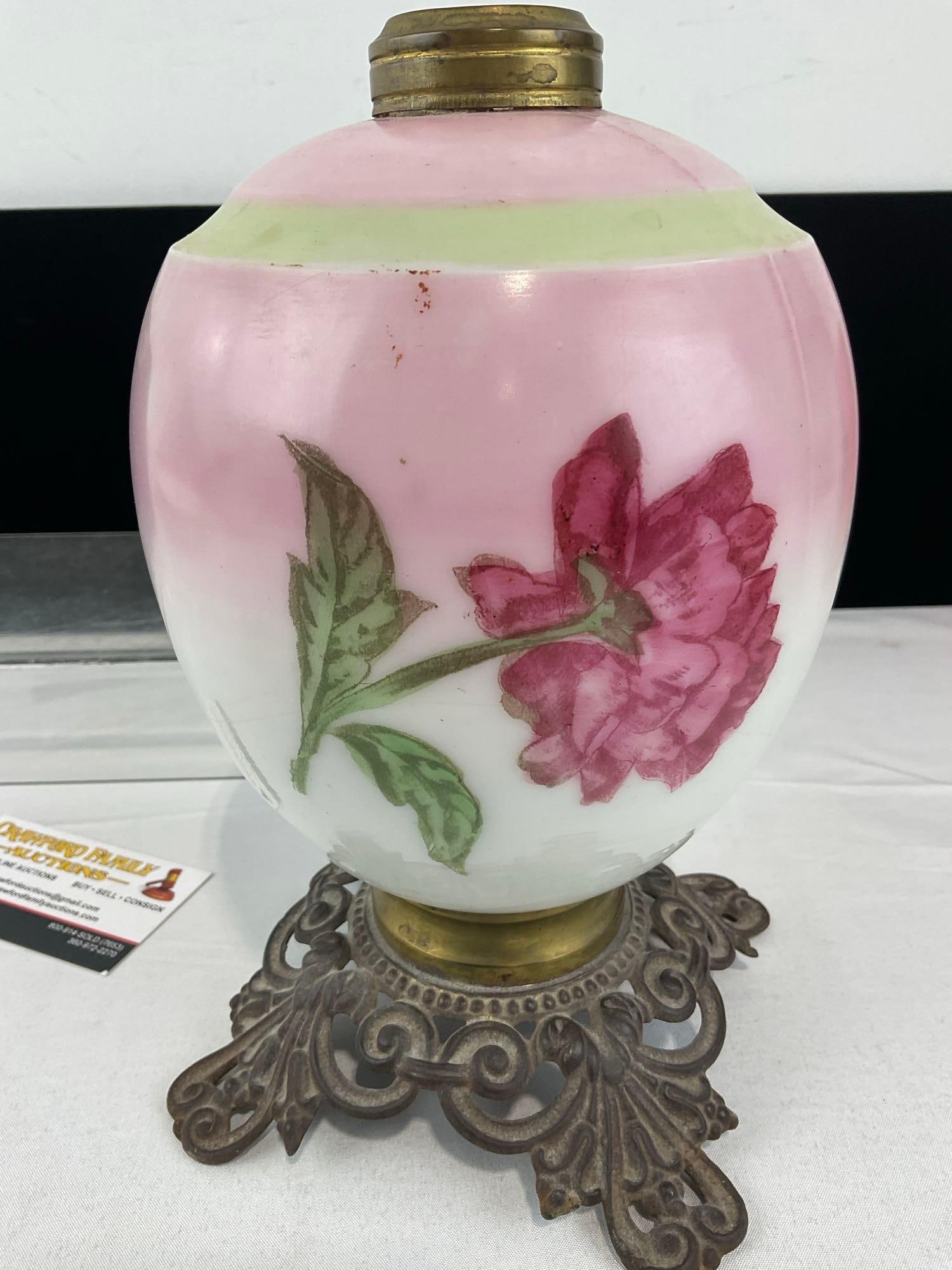 Antique Handpainted Milk Glass Parlor Lamp Base, Cast Metal Base marked Phoenix #880, 11x7x7 in - 2