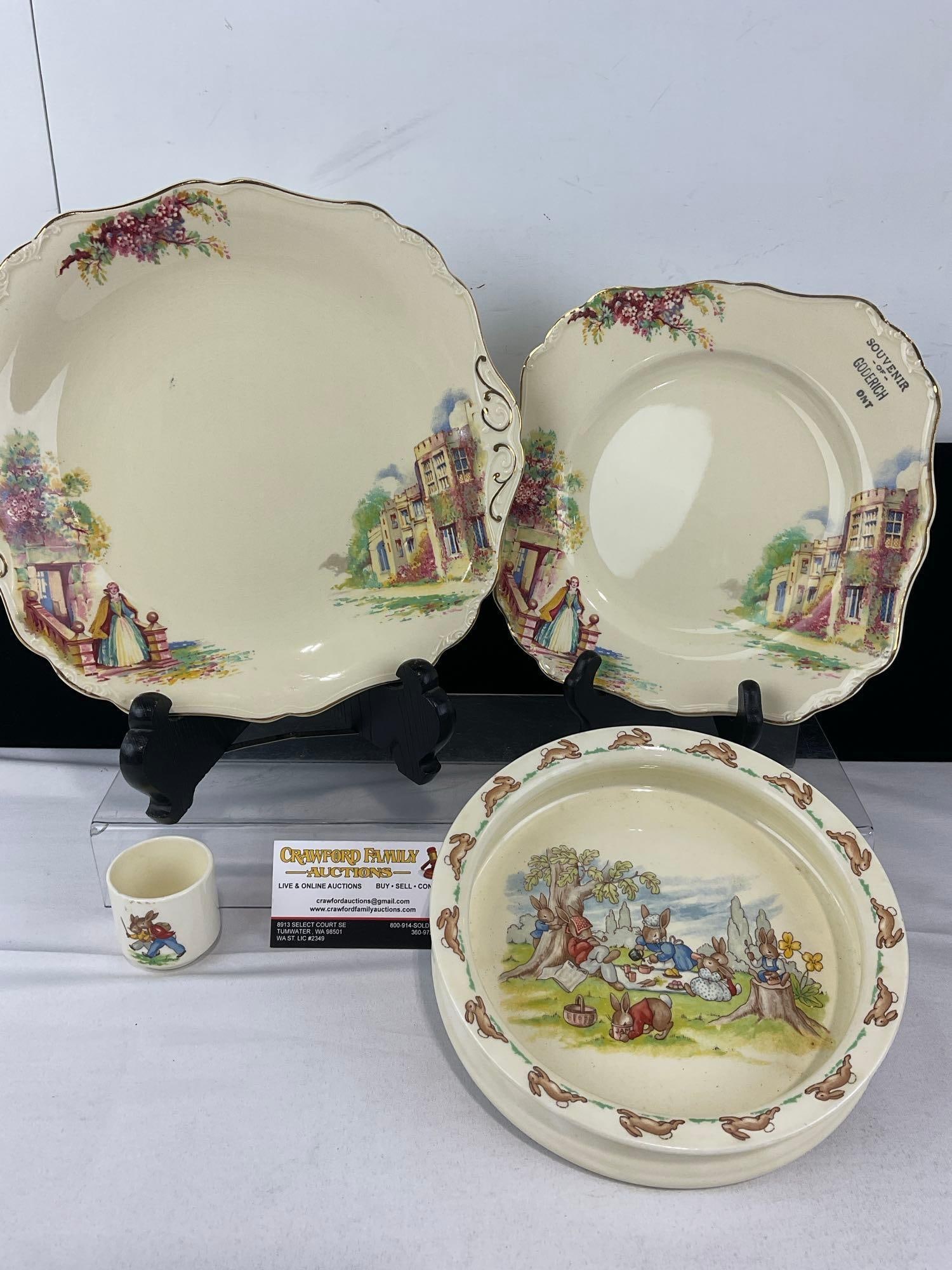 2x Sunshine pattern J&G Meakin Plates, Round & Square + Royal Doulton Bunnykins Bowl & Small Cup: See pics for condition. Measures approx 4h x 11w x 11d inches. E-6610