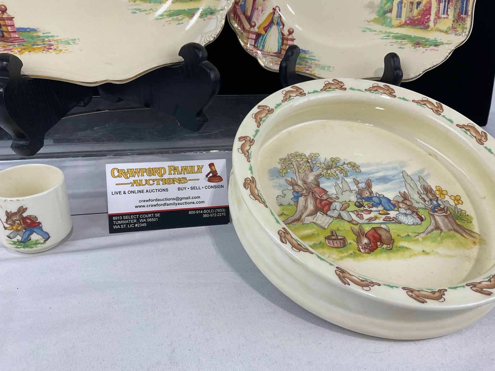 2x Sunshine pattern J&G Meakin Plates, Round & Square + Royal Doulton Bunnykins Bowl & Small Cup - 3
