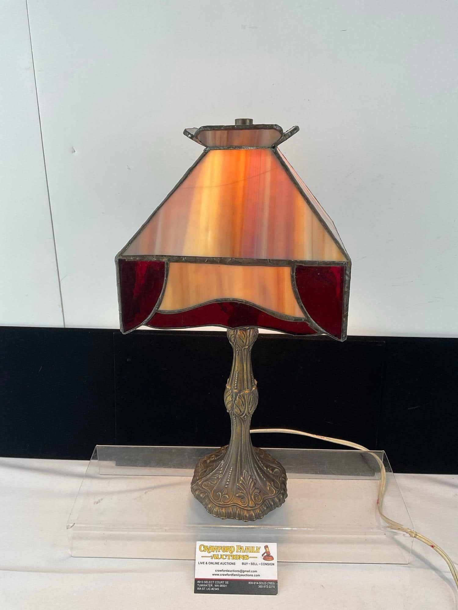 Vintage Tiffany Style Lamp, Slag Amber & Dark Ruby Glass Shade, Tested & working: The shade has a crack in one piece, and one piece is tilted. See pics for condition. Measures approx 17h x 8w x 8d inches. E-6610