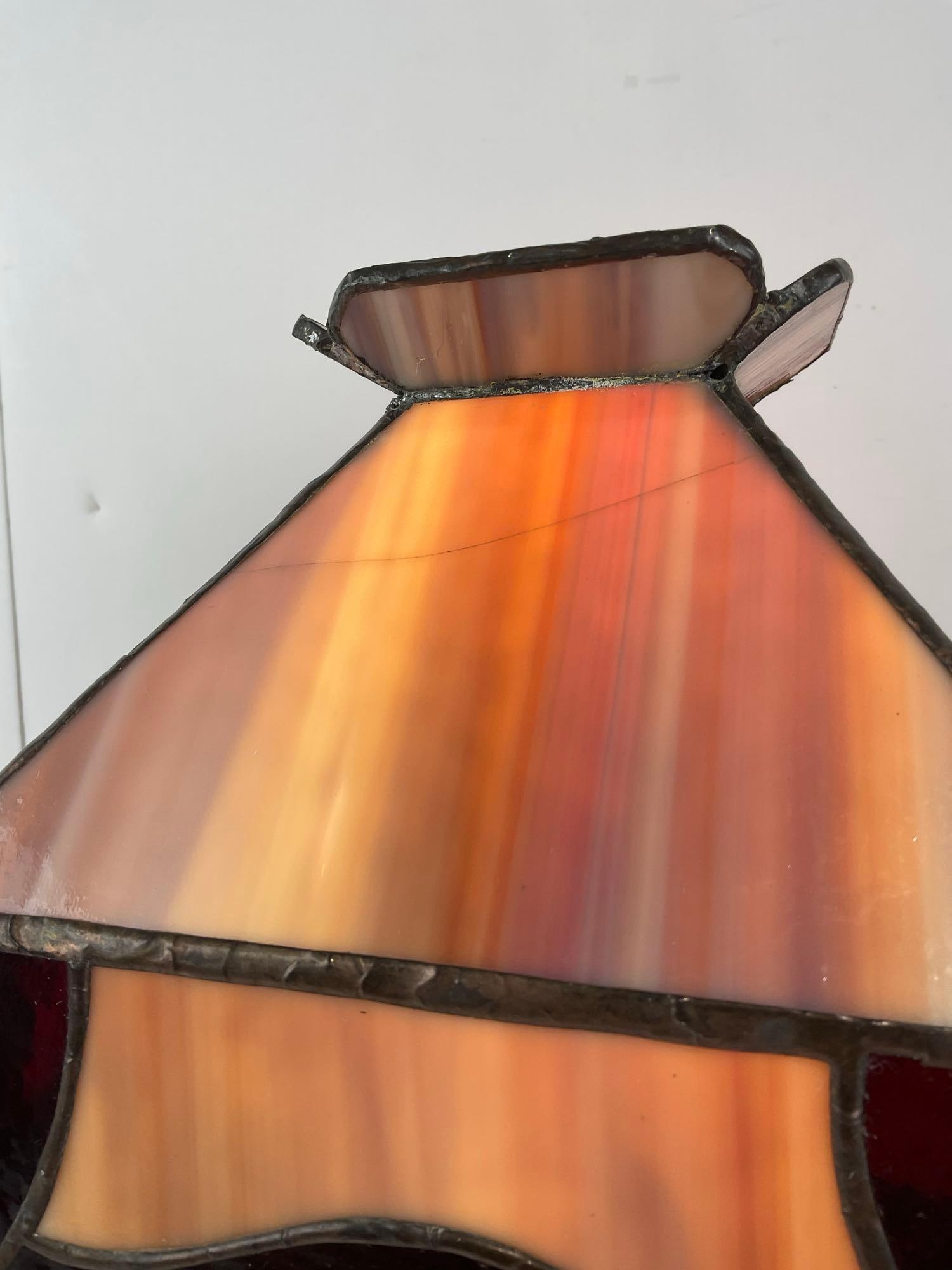 Vintage Tiffany Style Lamp, Slag Amber & Dark Ruby Glass Shade, Tested & working - 2
