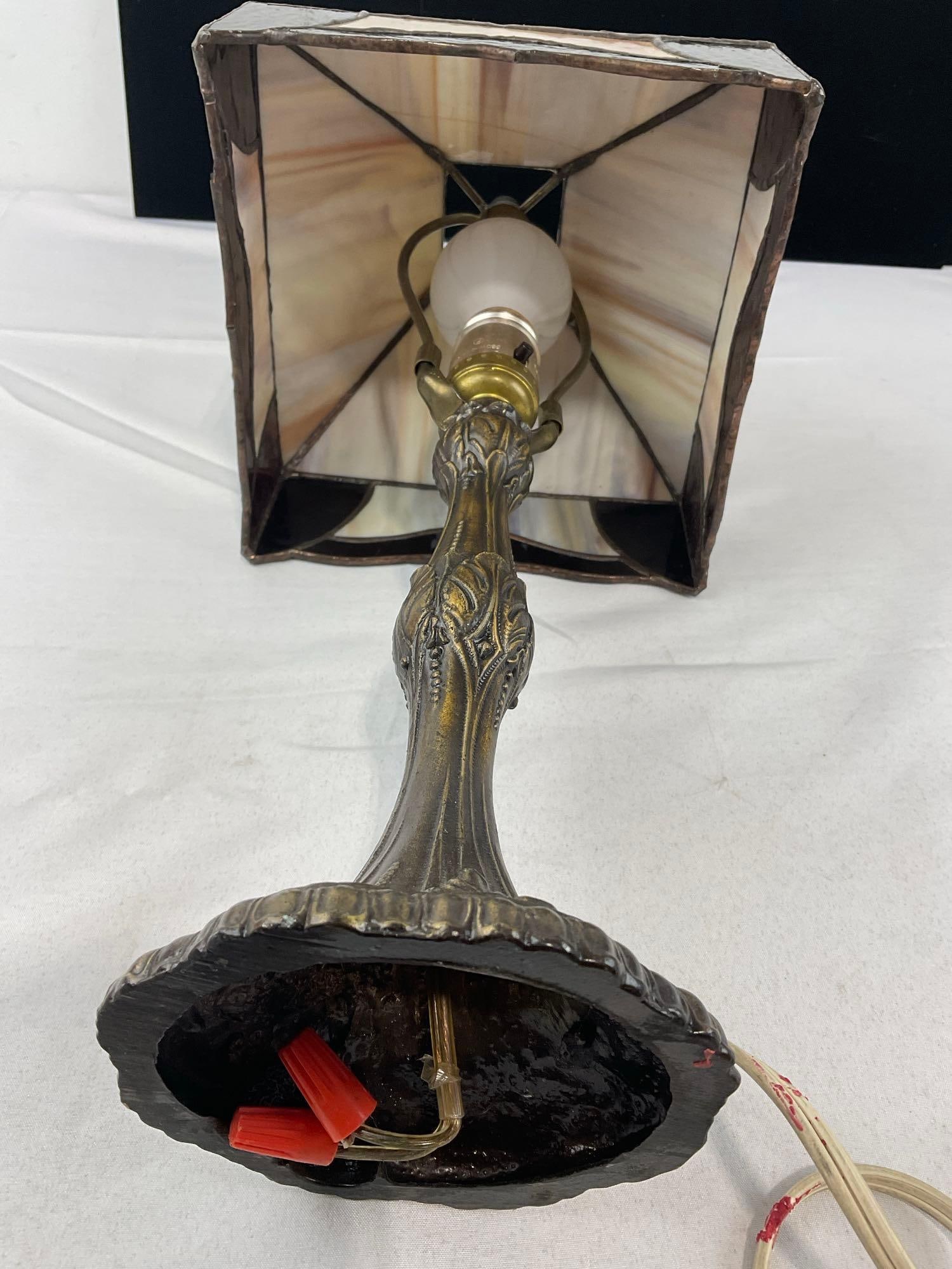 Vintage Tiffany Style Lamp, Slag Amber & Dark Ruby Glass Shade, Tested & working - 5