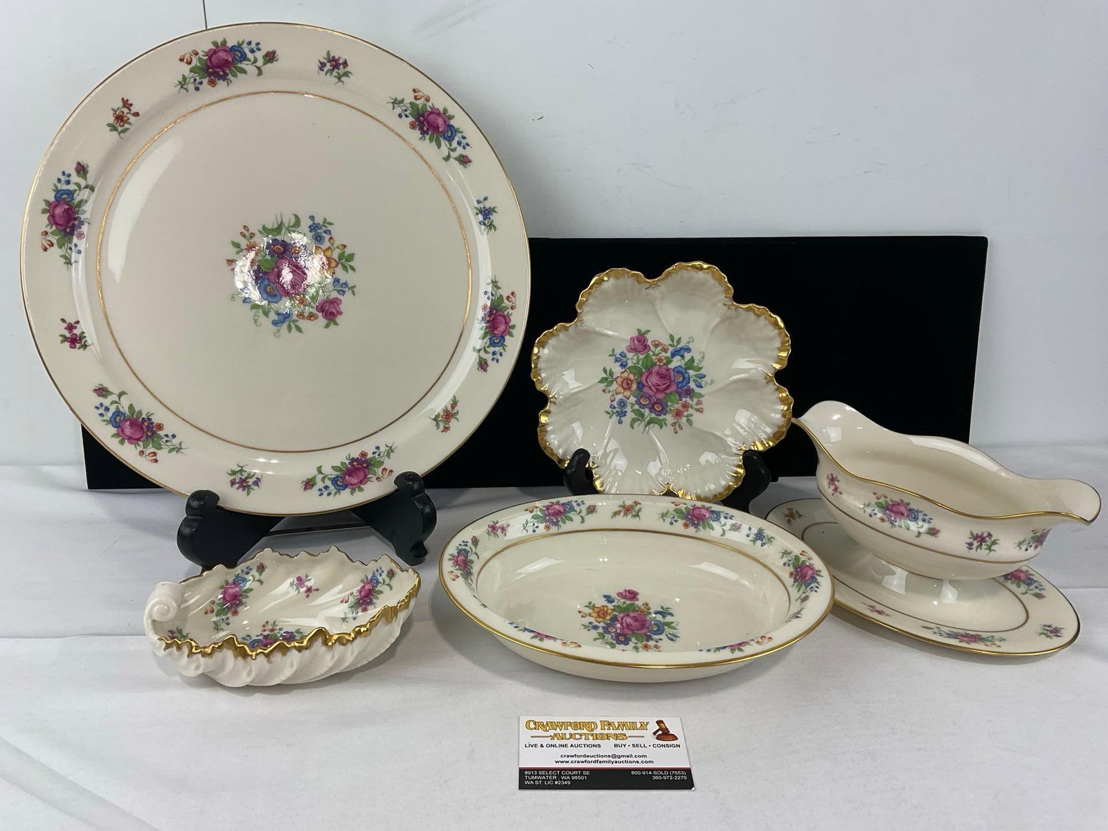 5 Lenox Rose pattern pieces, Large Round Platter, Veg Bowl, Gravy Boat, Scalloped Dish & Candy Dish: 2 with older blue marks, 2 with more modern brown/Yellow marks. See pics for condition. Measures approx 7h x 12w x 12d inches. E-6610