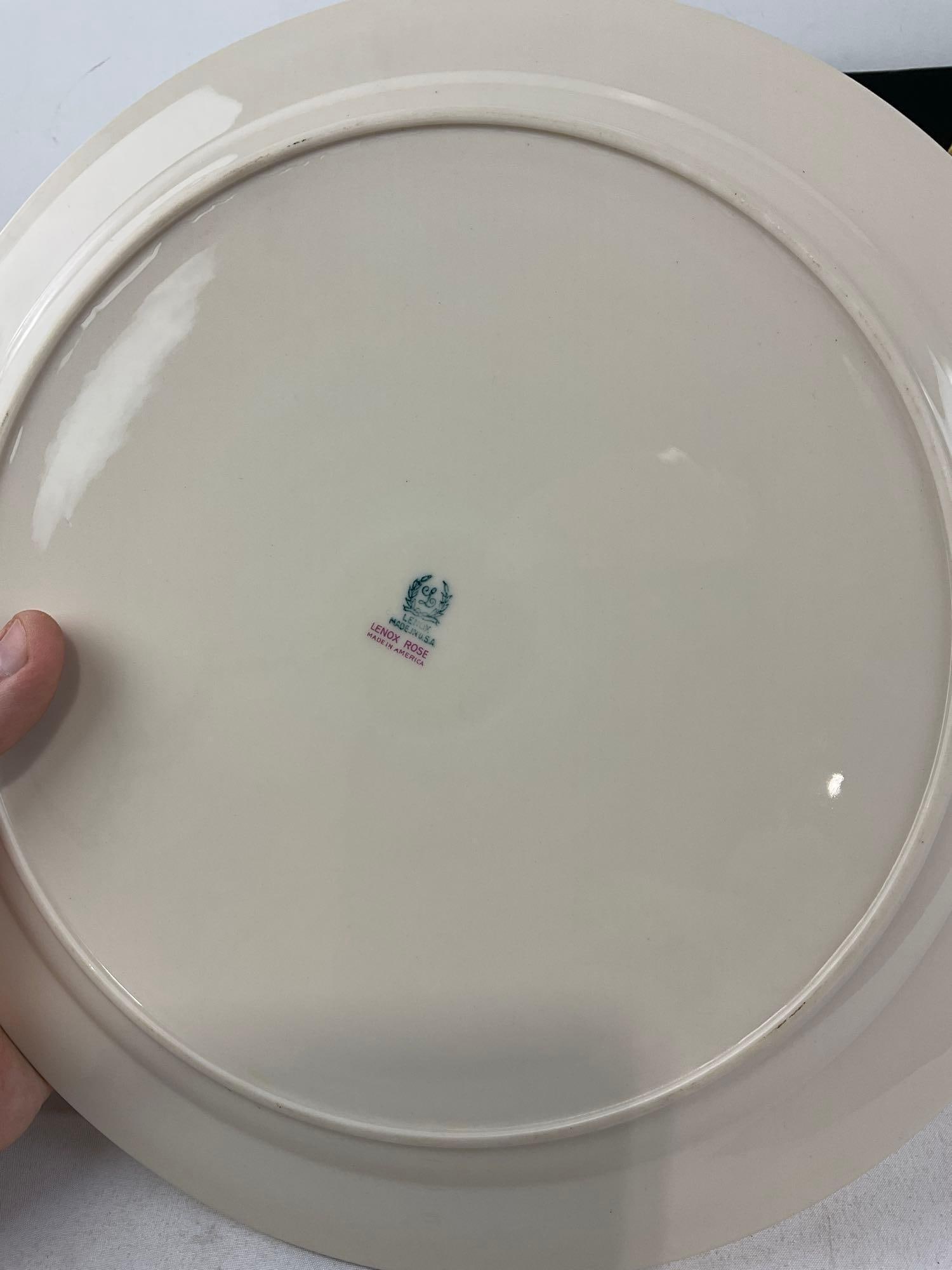 5 Lenox Rose pattern pieces, Large Round Platter, Veg Bowl, Gravy Boat, Scalloped Dish & Candy Dish - 3
