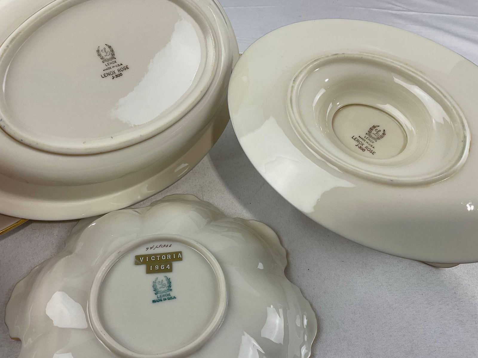 5 Lenox Rose pattern pieces, Large Round Platter, Veg Bowl, Gravy Boat, Scalloped Dish & Candy Dish - 5