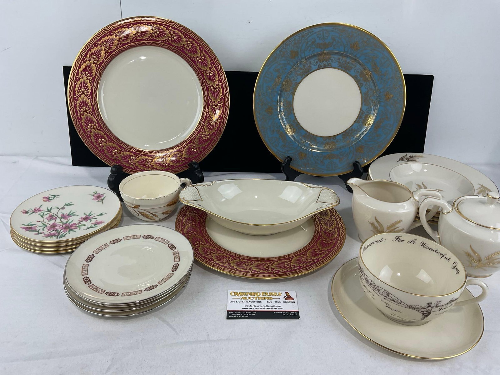 Lenox China, Variety of Patterns, 2 Red & 1 Blue w/Gilt designs, 4 Shalimar, 4 Peachtree Plates, ...: also includes: veg bowl, Harvest pattern creamer, sugar bowl, & 4 bowls. 1 cup, & Mug w/saucer. See pics for condition. Measures approx inches. E-6610 *Oversized shipping may apply*