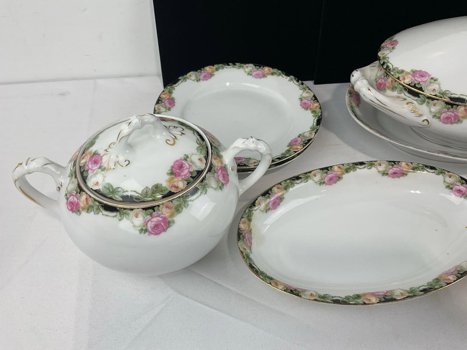 Antique Schwarzburg German china, Black & Floral Rim design, 14 pieces - 2