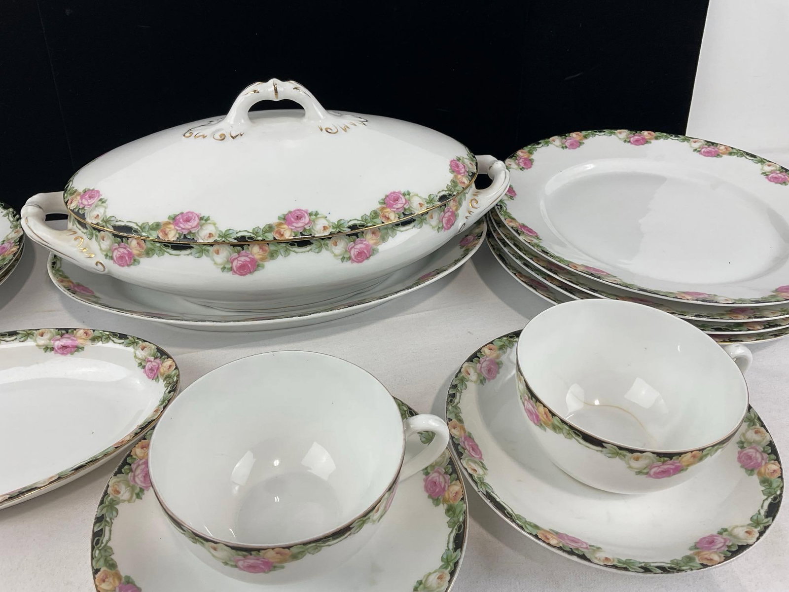 Antique Schwarzburg German china, Black & Floral Rim design, 14 pieces - 3