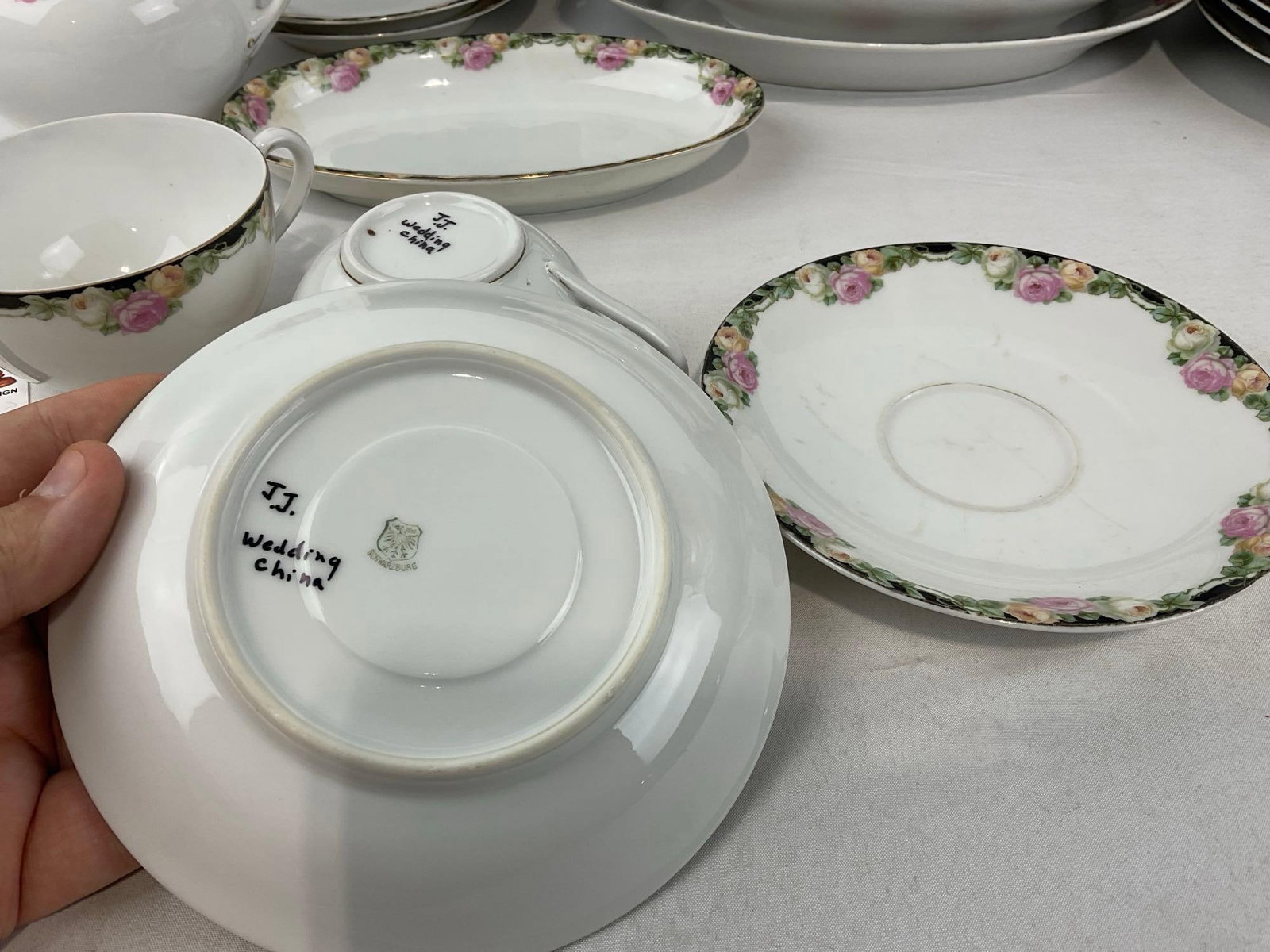 Antique Schwarzburg German china, Black & Floral Rim design, 14 pieces - 4