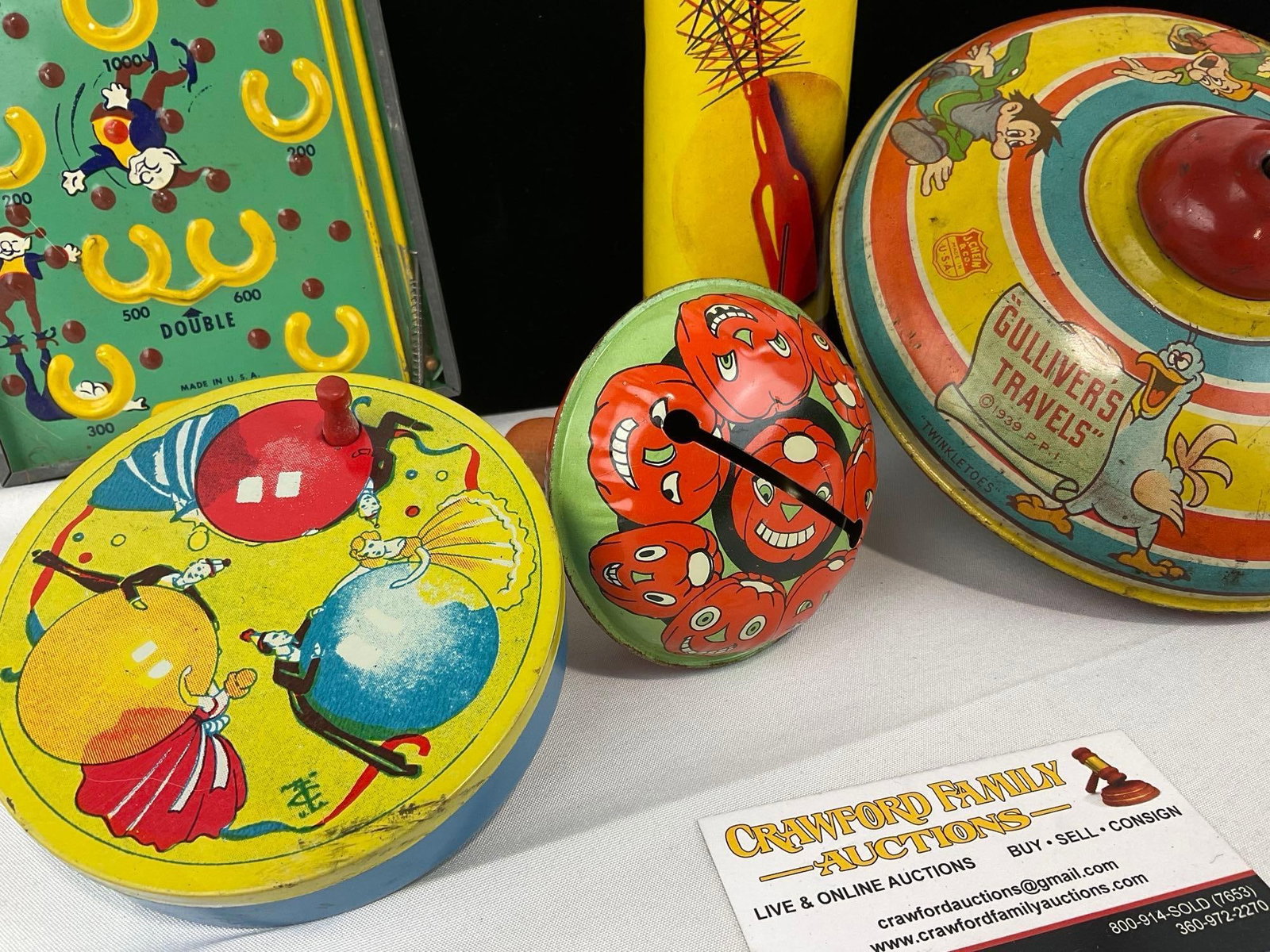Vintage Toys, Tin Noisemaker, Bell, 1939 Gullivers Travels Spinning Top Toy, Flip M Up Mini Pinball - 2