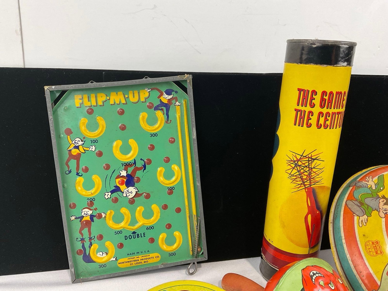 Vintage Toys, Tin Noisemaker, Bell, 1939 Gullivers Travels Spinning Top Toy, Flip M Up Mini Pinball - 3