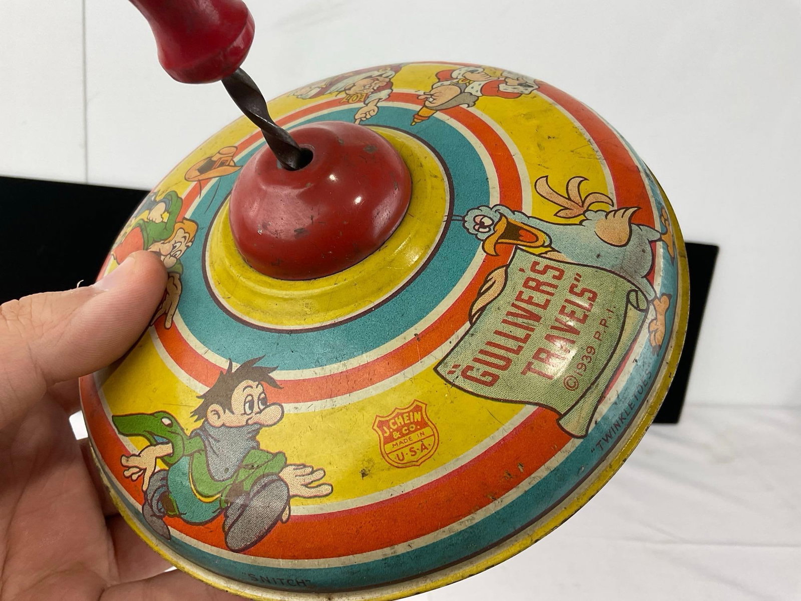 Vintage Toys, Tin Noisemaker, Bell, 1939 Gullivers Travels Spinning Top Toy, Flip M Up Mini Pinball - 4
