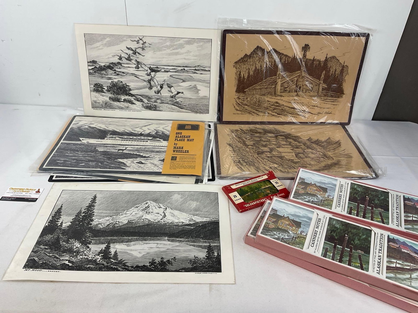 Mark Wheeler Alaskan Art Lithos, Place Mats, Variety of Boats, Native American pieces, & 4 packs ...: Notecards, all with Mark Wheeler art on the front. See pics for condition. Measures approx 4h x 22w x 14d inches. E-6610