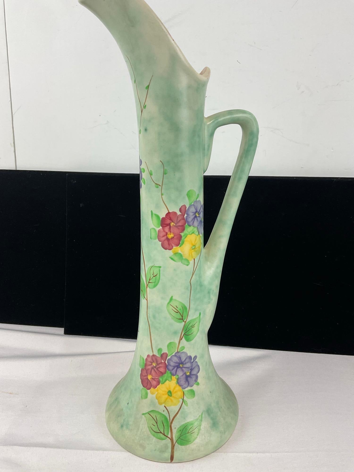 Vintage Ceramic Radford England Pitcher Vase, Pale Green w/Flower Details, 13 inches tall - 2