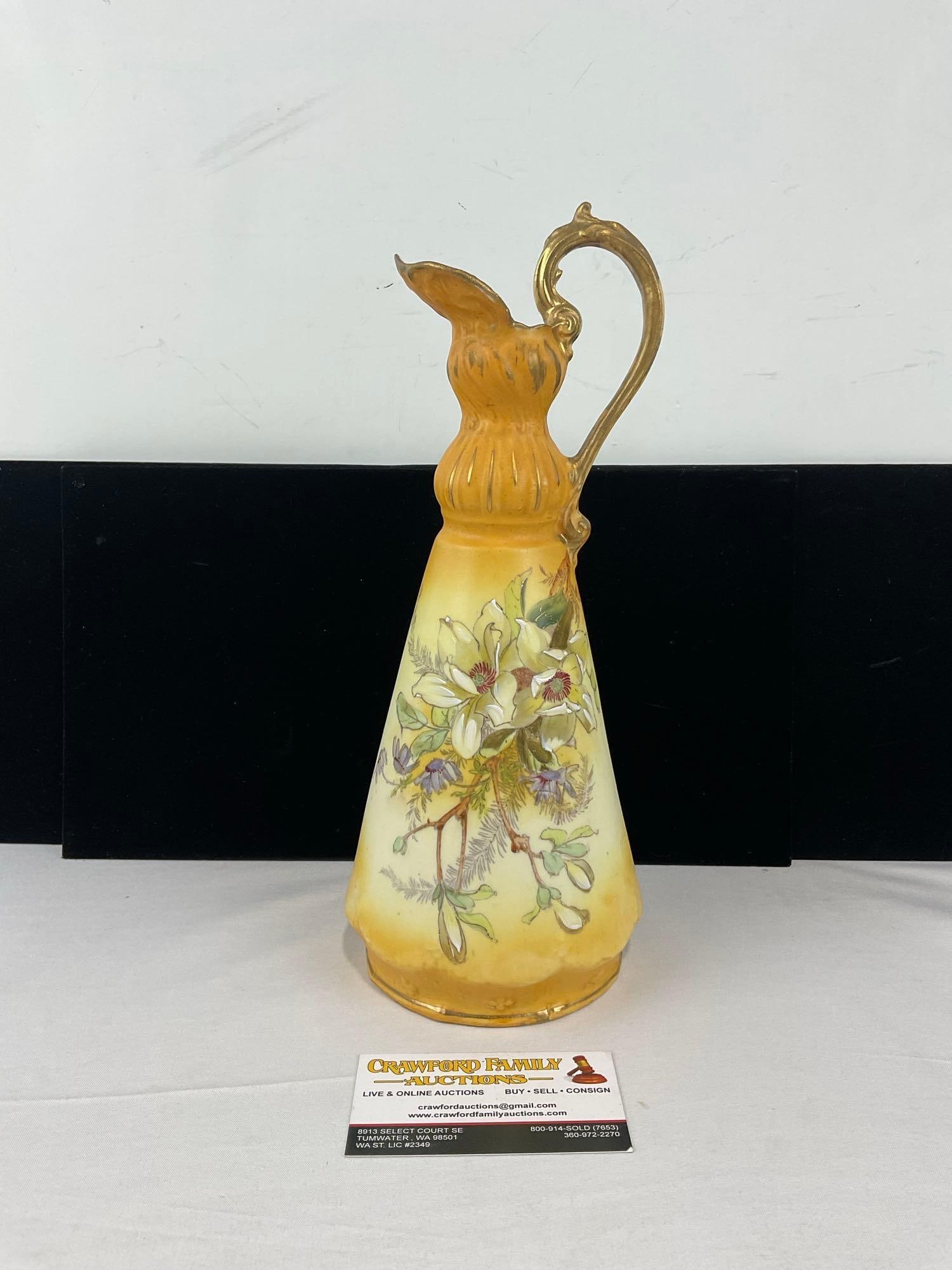 Antique Robert Hanke Austrian Ewer Pitcher Vase, Handpainted Floral Design, Yellow w/Gilt Highlig...: About half of the spout is broken off and missing, some wear on the base as well. See pics for condition. Measures approx 13h x 6w x 6d inches. E-6610