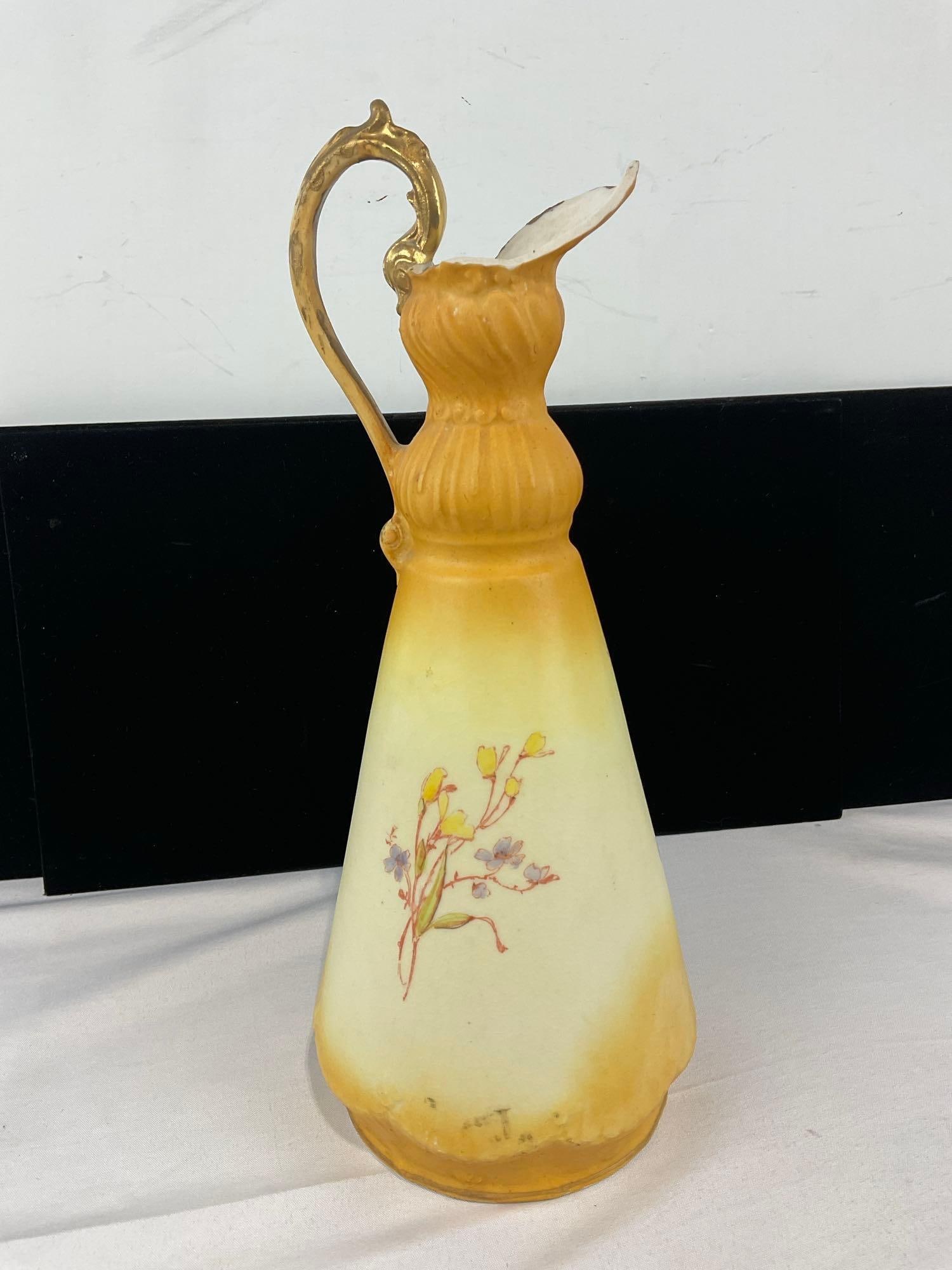 Antique Robert Hanke Austrian Ewer Pitcher Vase, Handpainted Floral Design, Yellow w/Gilt Highlig... - 2