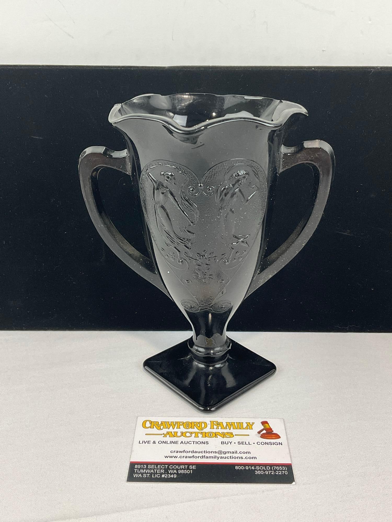 Vintage 1930s L.E.Smith Glass Company Black Amethyst Dancing Nymphs Trophy Vase, 7 inches tall: See pics for condition. Measures approx 8h x 7w x 6d inches. E-6610