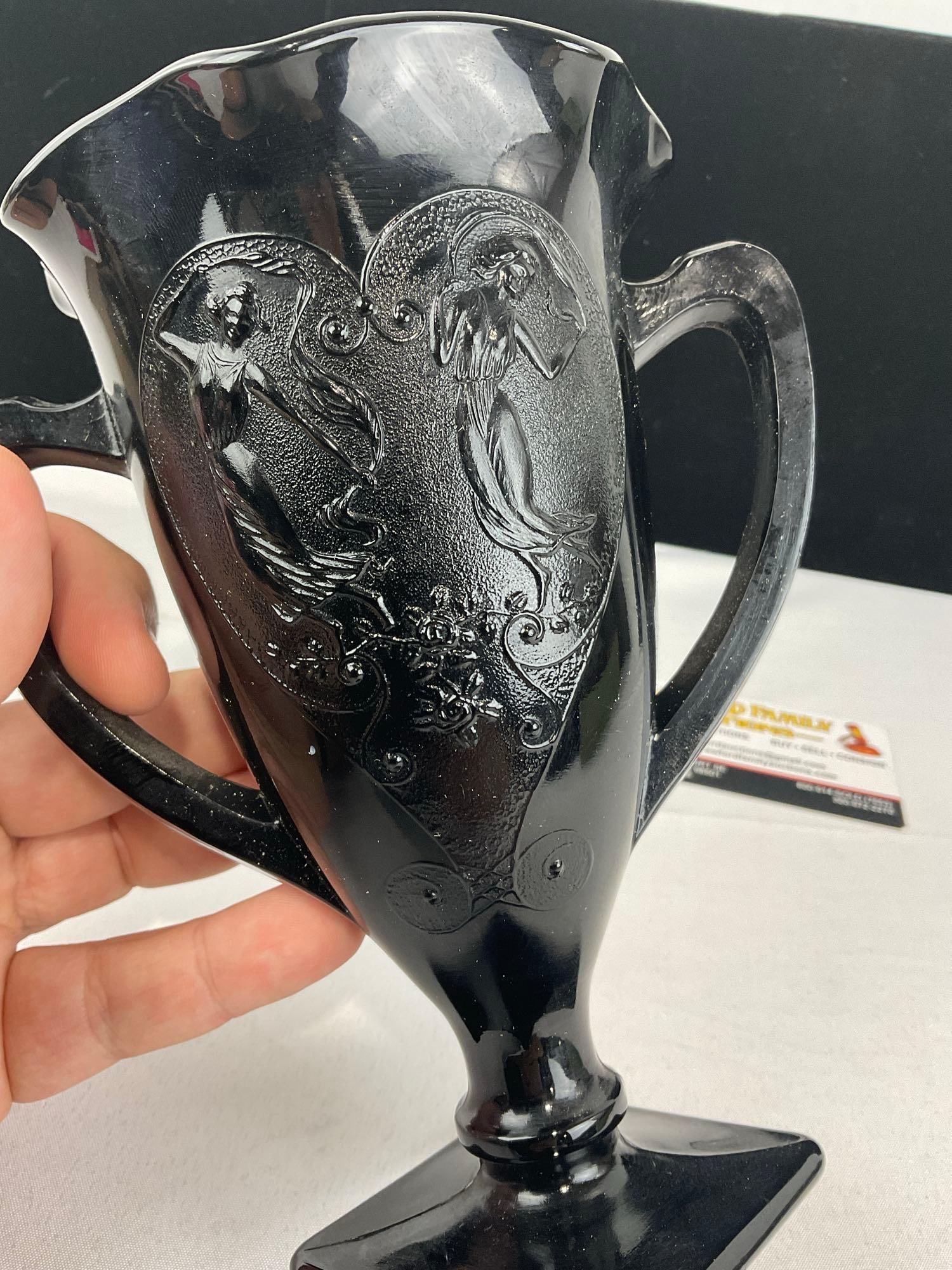 Vintage 1930s L.E.Smith Glass Company Black Amethyst Dancing Nymphs Trophy Vase, 7 inches tall - 3