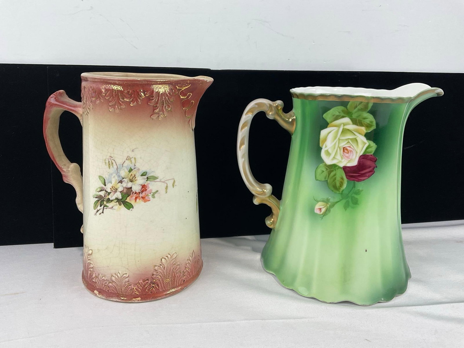 Pair of Vintage Pitchers, C Bros Staffordshire & Royal Munich, Handpainted Floral designs - 4