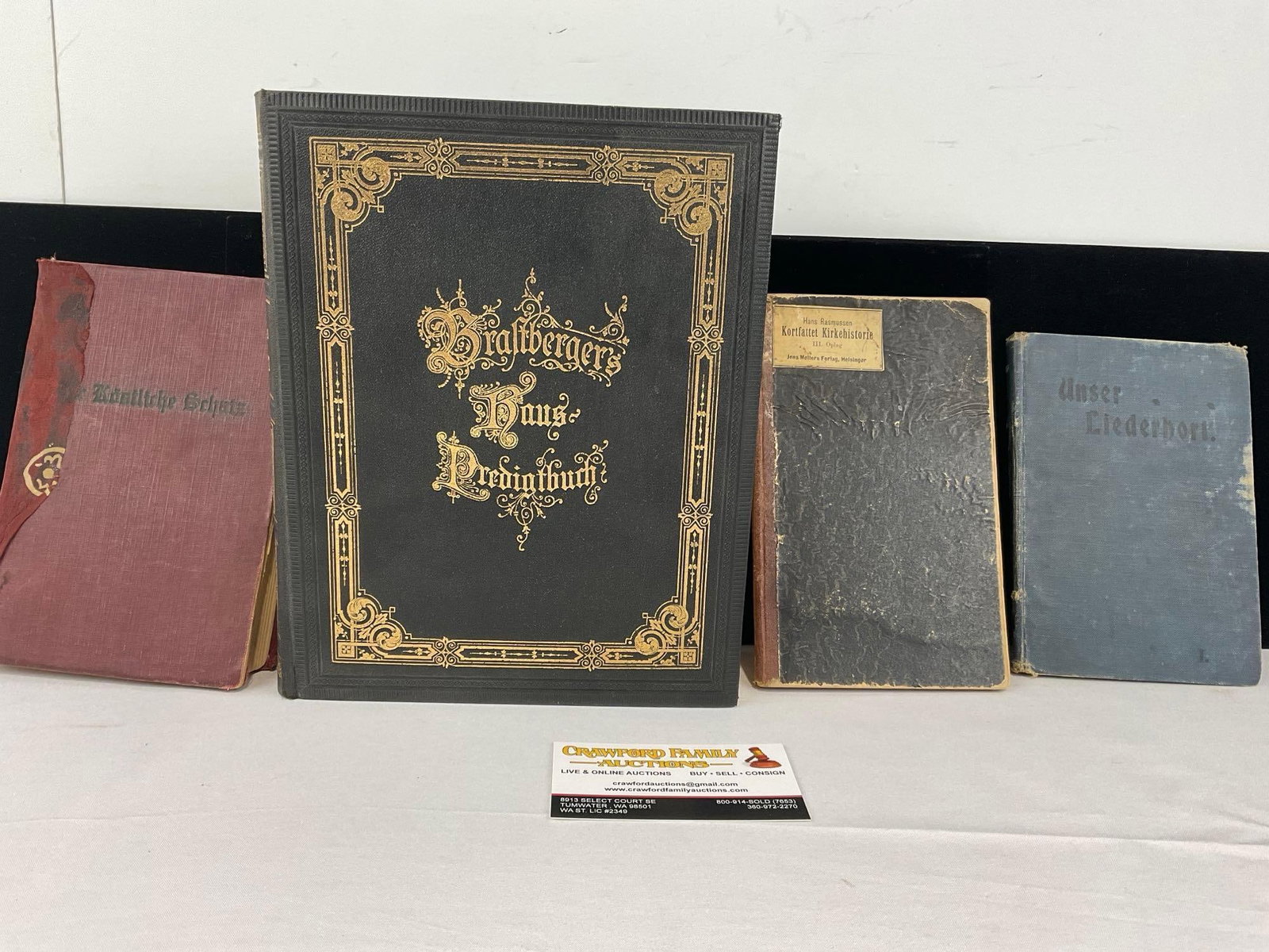 4 German & Danish Language Books, Der Kostliche Schatz The Precious Treasure, by Elias Hergert &...: the most prominent piece is an early 20th century collection of sermons from Immanuel Gottlob Brastberger titled Evangelische Zeugnisse der Wahrheit. Also includes: Antique German Songbook: Our Song