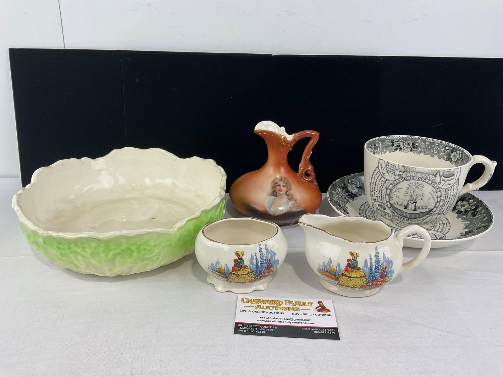 Cabbage shaped Bowl, Hanley Eng. Creamer & Sugar, Warranted Staffordshire Adams Large Cup & Saucer: The creamer & sugar are marked: English Ware Lancaster Sandland Hanley England. See pics for condition. Measures approx 8h x 10w x 10d inches. E-6610