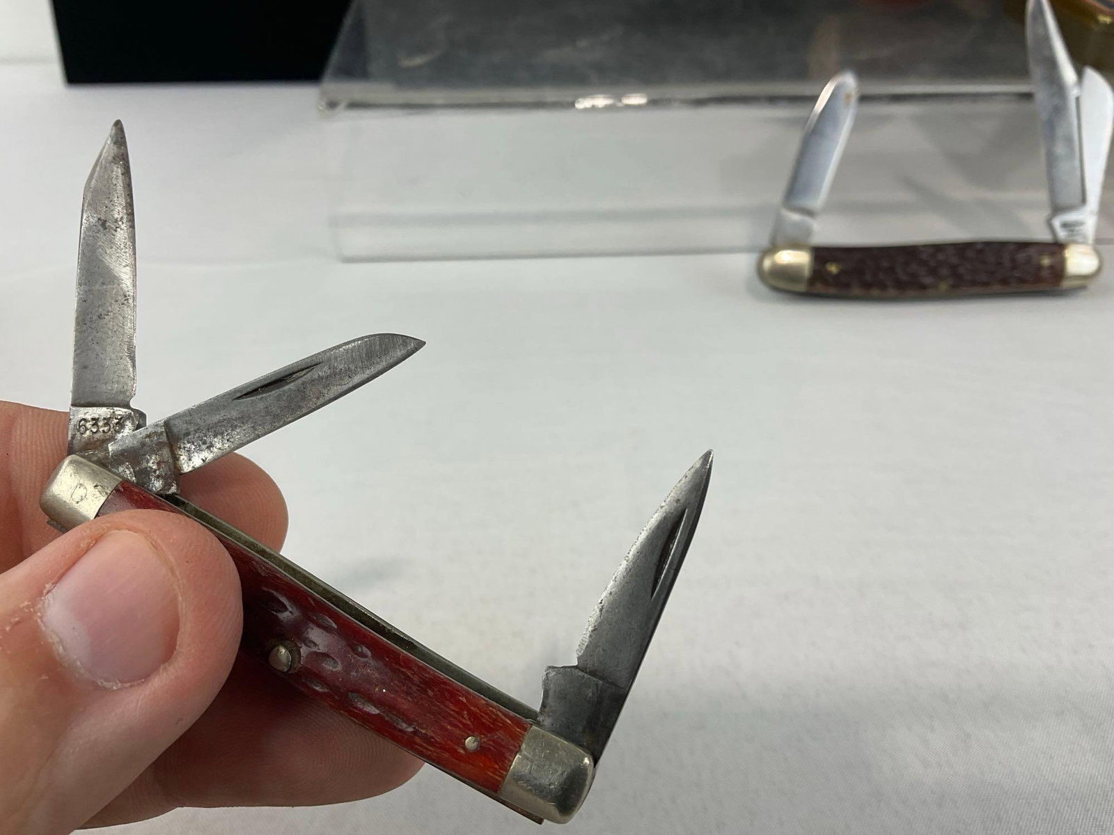 8 Small Folding Knives, includes: Case 6333 & Kabar 1063, Antique Pipe w/case, Cigarette Case - 10