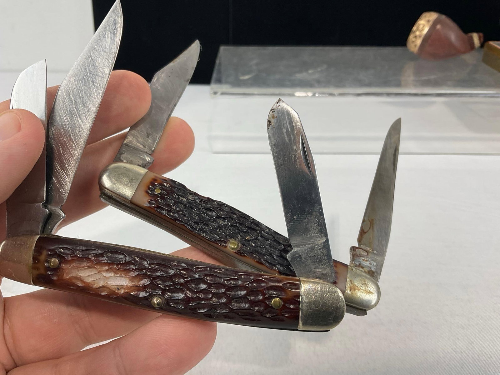 8 Small Folding Knives, includes: Case 6333 & Kabar 1063, Antique Pipe w/case, Cigarette Case - 12