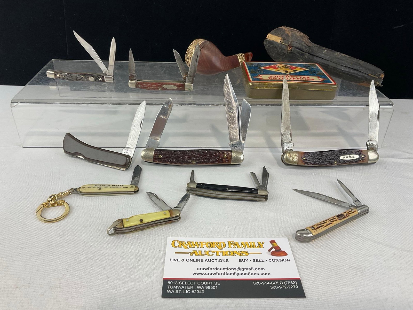 8 Small Folding Knives, includes: Case 6333 & Kabar 1063, Antique Pipe w/case, Cigarette Case (1 of 18)